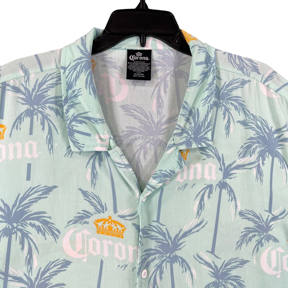 Corona Extra Palm Tree Camp Shirt Mens 3XL Mint Green Rayon Button Up